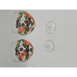 Vintage Set Hand-Painted Fall Themed Decorative Wine Glasses w/ Gold Accents